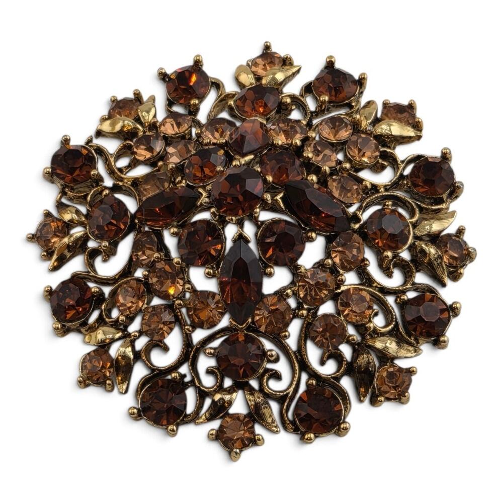 Vintage Lisner Domed Brooch Amber Brown Rhinestone Gold Tone Floral 2 Inch Pin